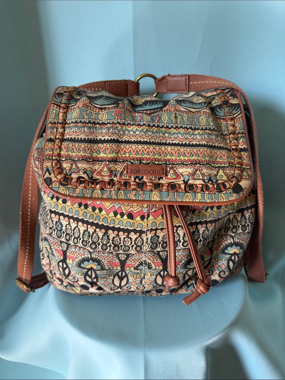 Sakroots Multicolor Tribal Canvas Backpack with Brown Trim